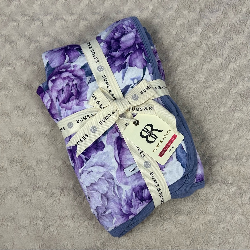 Bums & Roses Peony Flower Print Baby Bum Bum Blanket Purple Floral Bamboo